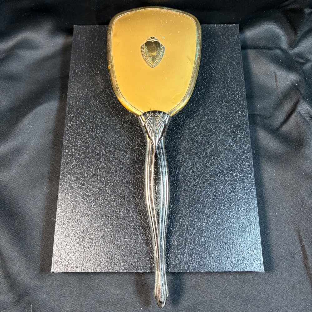Vintage Art Deco Celluloid Hair Brush Gold Silver Tone Heart Shell Motif 10in